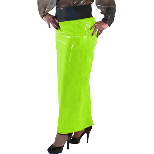 Women Bodycon Skirt Shiny PVC Leather Solid Color Long Pencil Skirt Faux Latex Skirt Office Lady Hip Wrap Ankle Length Skirts