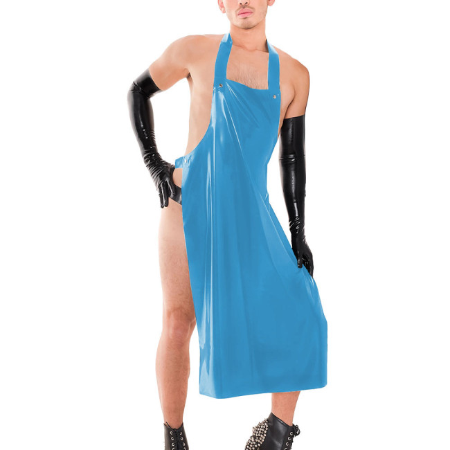 Sissy Male Hanging Neck Apron Knee-length Midi Dress Exotic Backless Men's Performance Costumes Wetlook PVC Leather Clubwear 7XL