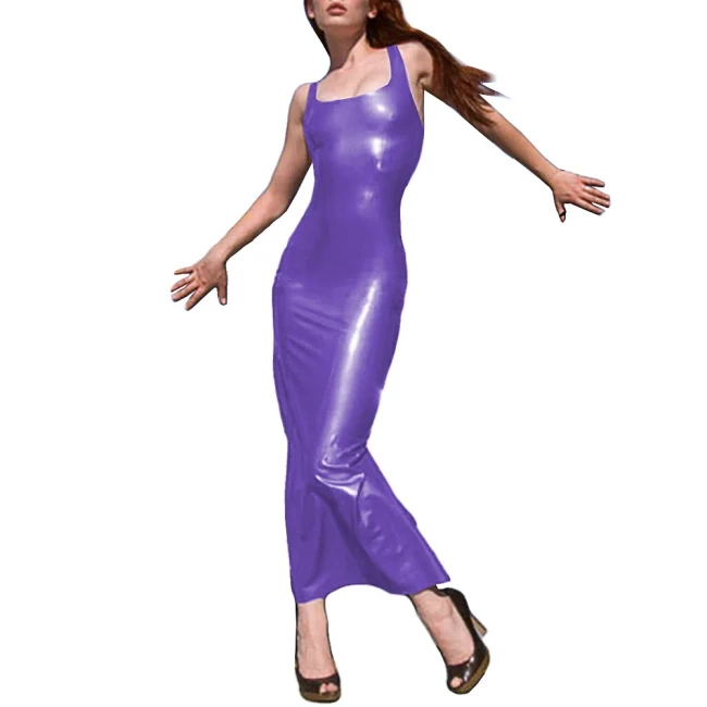 Square Neck Sleeveless Shoulder Bodycon Maxi Dress Faux Leather Ankle-Length Slim Sexy Dress Backless Vinyl Party Long Clubwear
