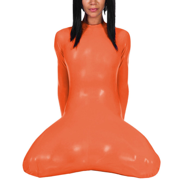 Unisex Solid Color Jumpsuit Round Neck Long Sleeved Bodysuits Chic Back Zipper Sheath Nightclub Carnival PVC Latex Costumes