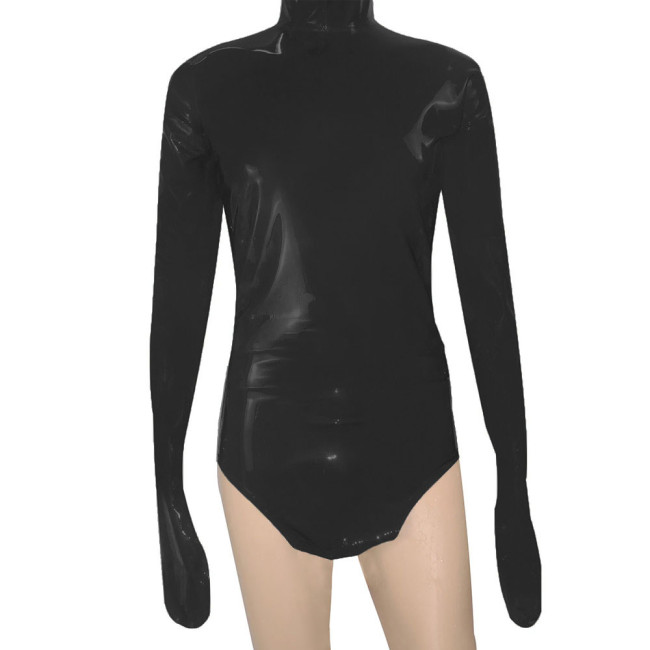 High Neck Catsuit PVC Vinyl Long Sleeve with Gloves Solid Exotic Bodysuit Wetlook Unisex Party Stretch Rompers Plus Size 7XL