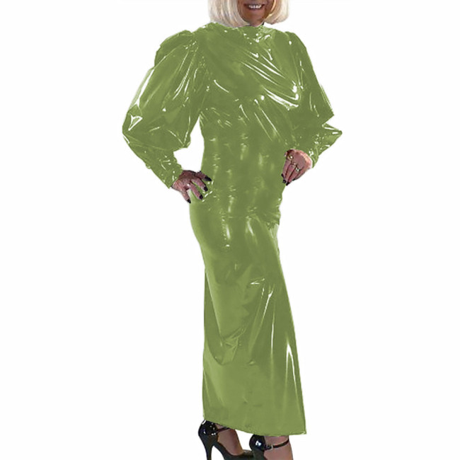 Elegant Long Dress Wet Look PVC Leather Long Puff Sleeve High Waist Maxi Dress Party Evening Bodycon Hobble Dress Clubwear