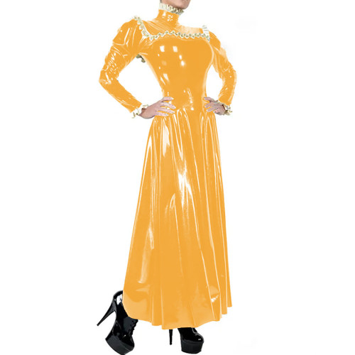 Ladies Elegant Long Dress High Neck Ruched Trims Long Sleeved Vestidos Bodycon Pleated Back Zip Wetlook PVC Leather Ball Gowns