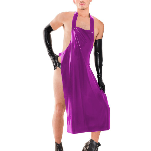 Sissy Male Hanging Neck Apron Knee-length Midi Dress Exotic Backless Men's Performance Costumes Wetlook PVC Leather Clubwear 7XL