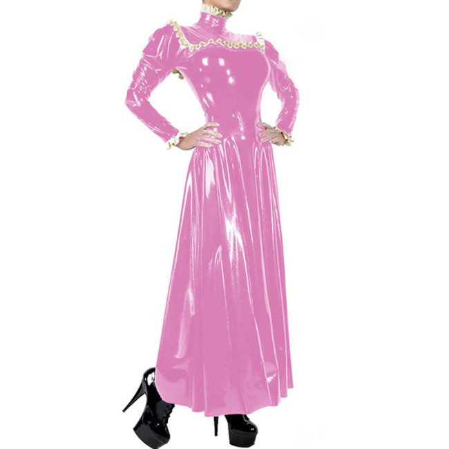 Ladies Elegant Long Dress High Neck Ruched Trims Long Sleeved Vestidos Bodycon Pleated Back Zip Wetlook PVC Leather Ball Gowns