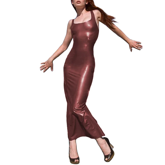 Square Neck Sleeveless Shoulder Bodycon Maxi Dress Faux Leather Ankle-Length Slim Sexy Dress Backless Vinyl Party Long Clubwear