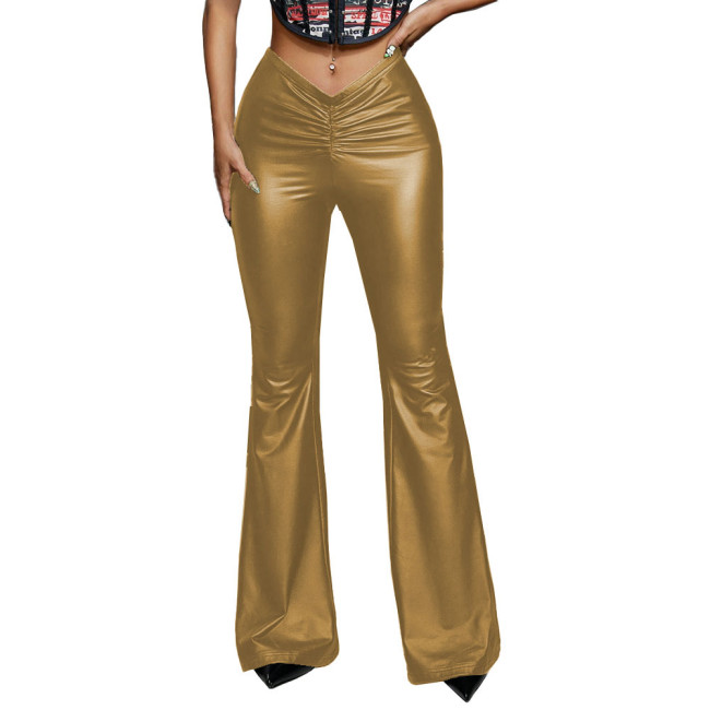 Sexy High Waist Flare Pants Women PU Faux Leather Drawstring Ruched Long Trousers Fashion Punk Casual Streetwear Bandage Bottoms