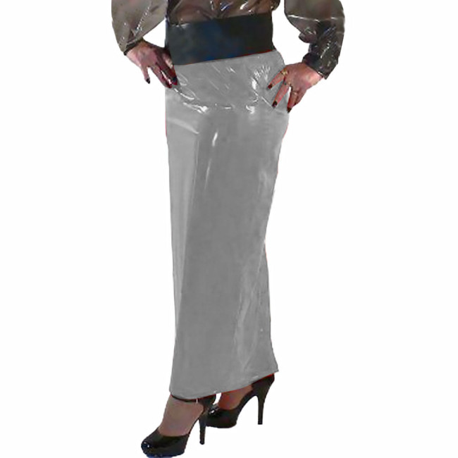 Women Bodycon Skirt Shiny PVC Leather Solid Color Long Pencil Skirt Faux Latex Skirt Office Lady Hip Wrap Ankle Length Skirts