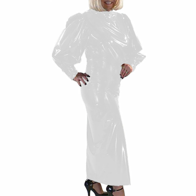 Elegant Long Dress Wet Look PVC Leather Long Puff Sleeve High Waist Maxi Dress Party Evening Bodycon Hobble Dress Clubwear