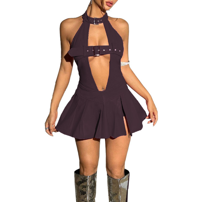 Sissy Sexy Hollow Out Dress Vinyl PVC Leather Women Sleeveless Backless Mini Dress Exotic Ruffled Dress Club Dancewear 7XL