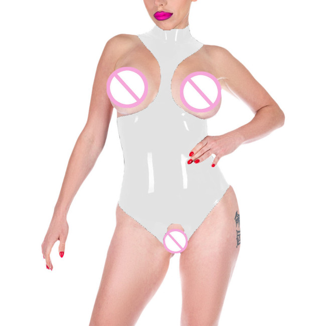 Adult Erotic Women Clubwear Open Cut Exposed Chest Bodysuits Sleeveless Turtleneck Zentai Skinny PVC Leather Performance Suit