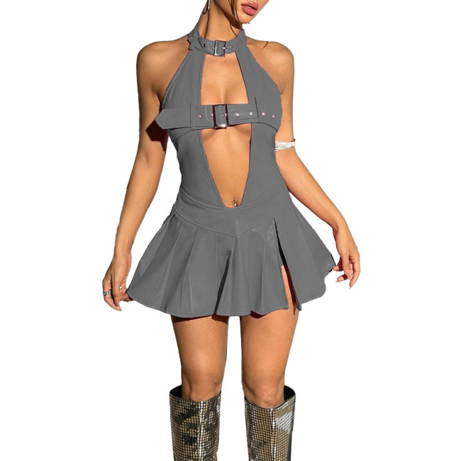 Sissy Sexy Hollow Out Dress Vinyl PVC Leather Women Sleeveless Backless Mini Dress Exotic Ruffled Dress Club Dancewear 7XL