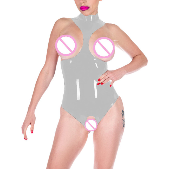 Adult Erotic Women Clubwear Open Cut Exposed Chest Bodysuits Sleeveless Turtleneck Zentai Skinny PVC Leather Performance Suit