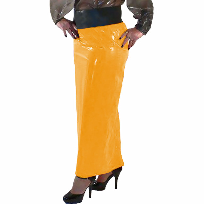 Women Bodycon Skirt Shiny PVC Leather Solid Color Long Pencil Skirt Faux Latex Skirt Office Lady Hip Wrap Ankle Length Skirts