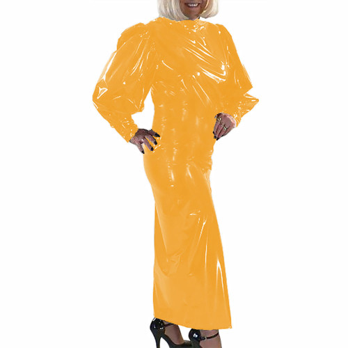 Elegant Long Dress Wet Look PVC Leather Long Puff Sleeve High Waist Maxi Dress Party Evening Bodycon Hobble Dress Clubwear