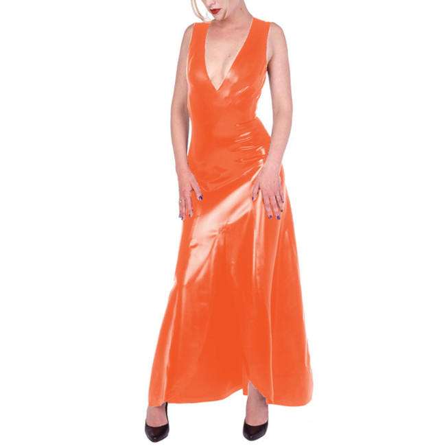 V-neck Vest Dress Wetlook PVC Leather Women Sleeveless Bodycon Long Dress Office Lady Daily Wear Vestido Feminino Sexy Dresses