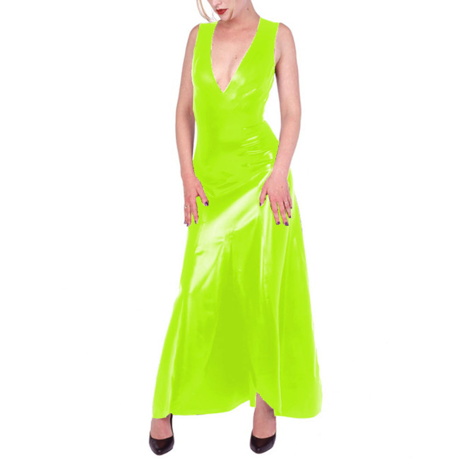V-neck Vest Dress Wetlook PVC Leather Women Sleeveless Bodycon Long Dress Office Lady Daily Wear Vestido Feminino Sexy Dresses