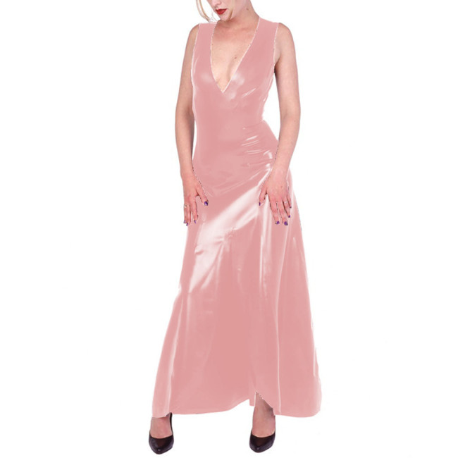 V-neck Vest Dress Wetlook PVC Leather Women Sleeveless Bodycon Long Dress Office Lady Daily Wear Vestido Feminino Sexy Dresses