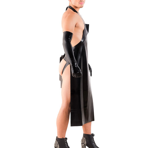 Sissy Male Hanging Neck Apron Knee-length Midi Dress Exotic Backless Men's Performance Costumes Wetlook PVC Leather Clubwear 7XL