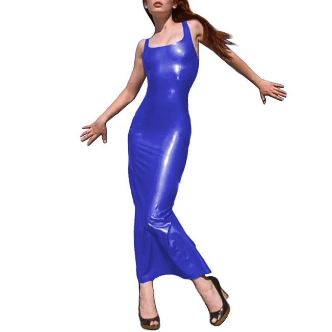 Square Neck Sleeveless Shoulder Bodycon Maxi Dress Faux Leather Ankle-Length Slim Sexy Dress Backless Vinyl Party Long Clubwear