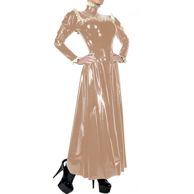 Ladies Elegant Long Dress High Neck Ruched Trims Long Sleeved Vestidos Bodycon Pleated Back Zip Wetlook PVC Leather Ball Gowns