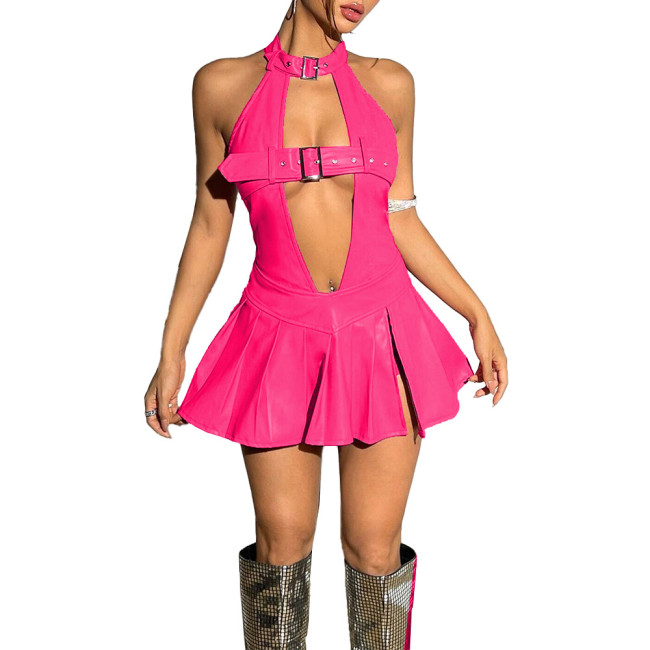 Sissy Sexy Hollow Out Dress Vinyl PVC Leather Women Sleeveless Backless Mini Dress Exotic Ruffled Dress Club Dancewear 7XL