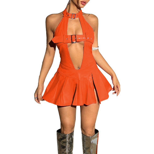 Sissy Sexy Hollow Out Dress Vinyl PVC Leather Women Sleeveless Backless Mini Dress Exotic Ruffled Dress Club Dancewear 7XL