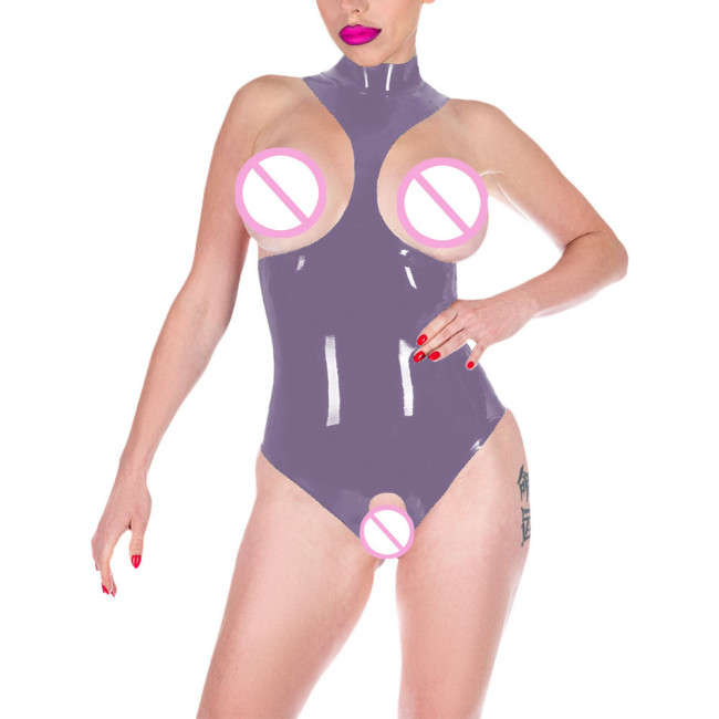 Adult Erotic Women Clubwear Open Cut Exposed Chest Bodysuits Sleeveless Turtleneck Zentai Skinny PVC Leather Performance Suit
