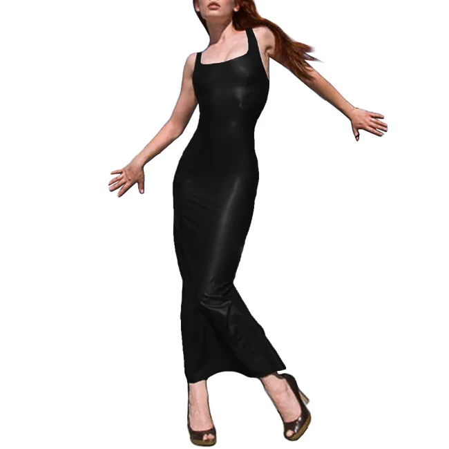 Square Neck Sleeveless Shoulder Bodycon Maxi Dress Faux Leather Ankle-Length Slim Sexy Dress Backless Vinyl Party Long Clubwear