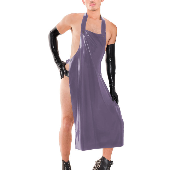 Sissy Male Hanging Neck Apron Knee-length Midi Dress Exotic Backless Men's Performance Costumes Wetlook PVC Leather Clubwear 7XL