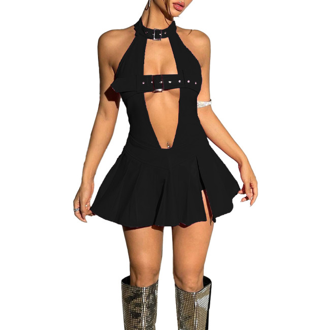Sissy Sexy Hollow Out Dress Vinyl PVC Leather Women Sleeveless Backless Mini Dress Exotic Ruffled Dress Club Dancewear 7XL