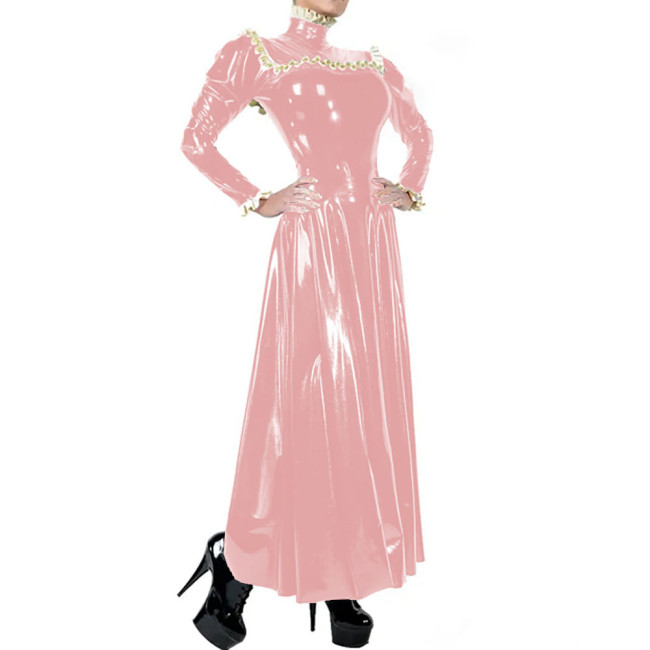 Ladies Elegant Long Dress High Neck Ruched Trims Long Sleeved Vestidos Bodycon Pleated Back Zip Wetlook PVC Leather Ball Gowns
