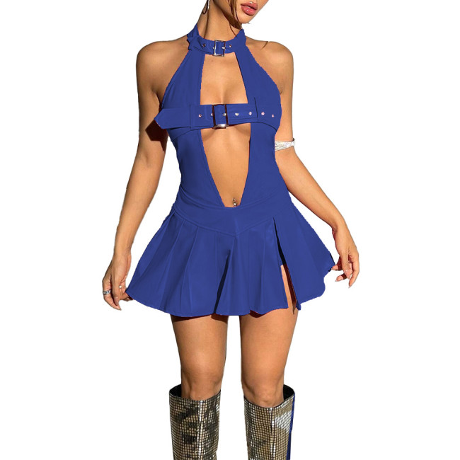 Sissy Sexy Hollow Out Dress Vinyl PVC Leather Women Sleeveless Backless Mini Dress Exotic Ruffled Dress Club Dancewear 7XL