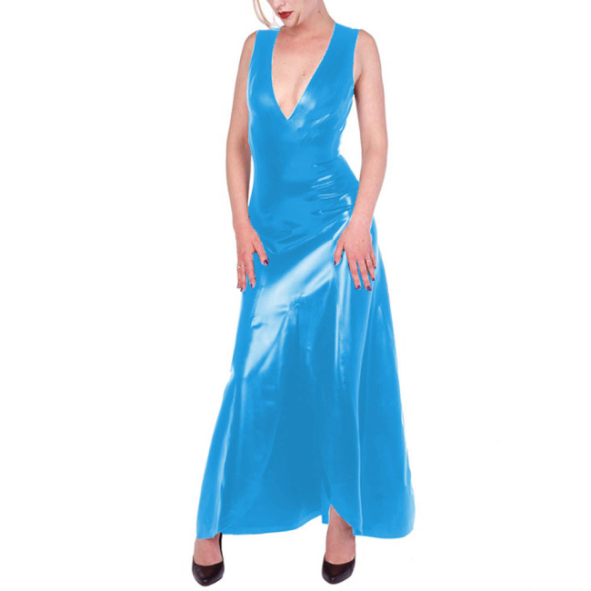 V-neck Vest Dress Wetlook PVC Leather Women Sleeveless Bodycon Long Dress Office Lady Daily Wear Vestido Feminino Sexy Dresses