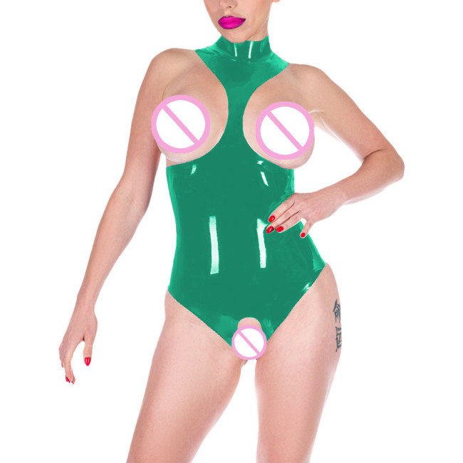 Adult Erotic Women Clubwear Open Cut Exposed Chest Bodysuits Sleeveless Turtleneck Zentai Skinny PVC Leather Performance Suit