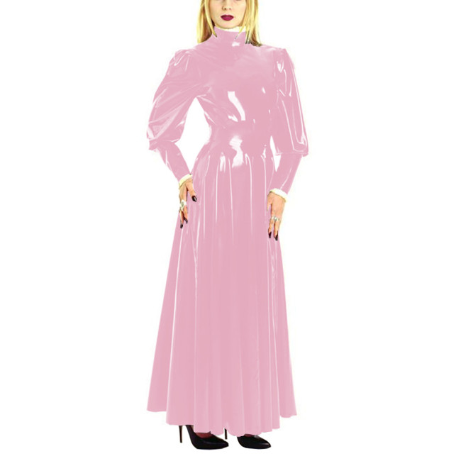 Women's PU Leather Skater Long Dress High Neck Long Puff Sleeve A-Line Vinyl Maxi Dress Wetlook Shiny Erotic Lingerie Costumes