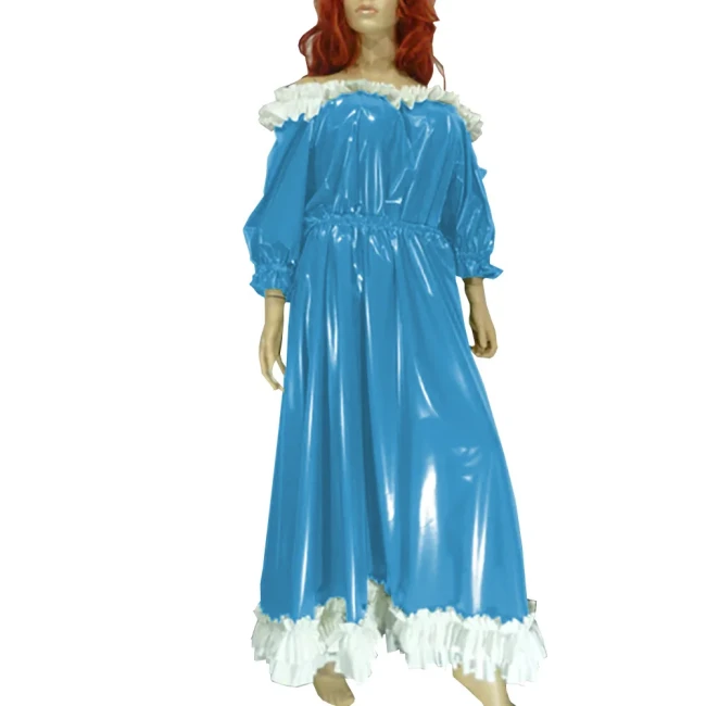 Women Slash Sweet Lolita Dress Uniform Faux Leather Puff Sleeve Lace Long Dress Exotic Ankle Length Dress Evening Party Wear