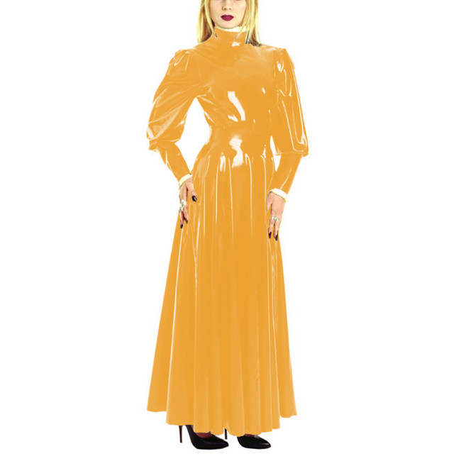 Women's PU Leather Skater Long Dress High Neck Long Puff Sleeve A-Line Vinyl Maxi Dress Wetlook Shiny Erotic Lingerie Costumes