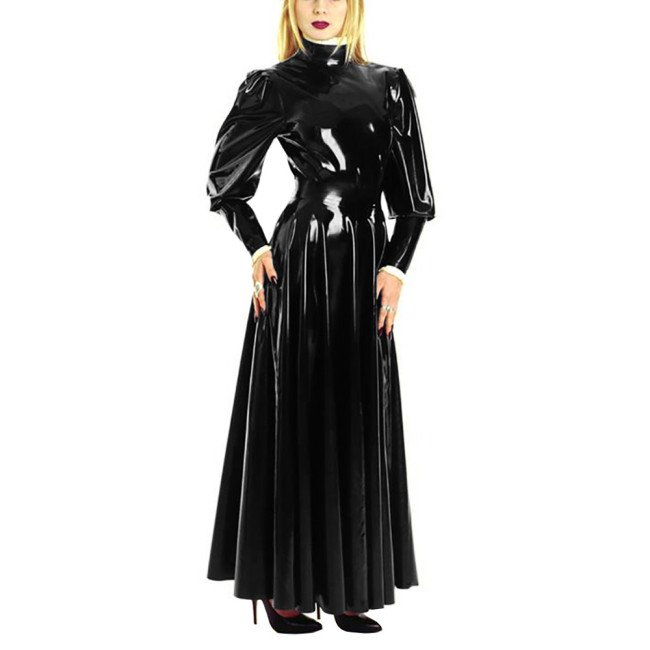 Women's PU Leather Skater Long Dress High Neck Long Puff Sleeve A-Line Vinyl Maxi Dress Wetlook Shiny Erotic Lingerie Costumes