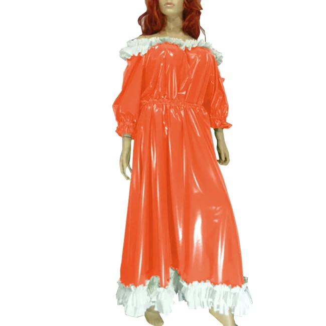 Women Slash Sweet Lolita Dress Uniform Faux Leather Puff Sleeve Lace Long Dress Exotic Ankle Length Dress Evening Party Wear
