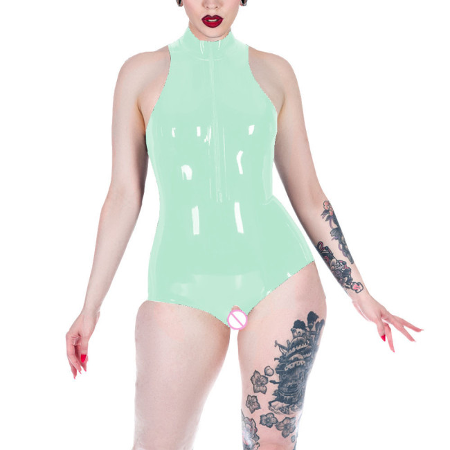 Glossy PVC Leather Bodysuits Mock Neck Sleeveless Zip Jumpsuits Women Exotic Open Crotch Sissy Jumpsuits Rave Nightclub Zentai