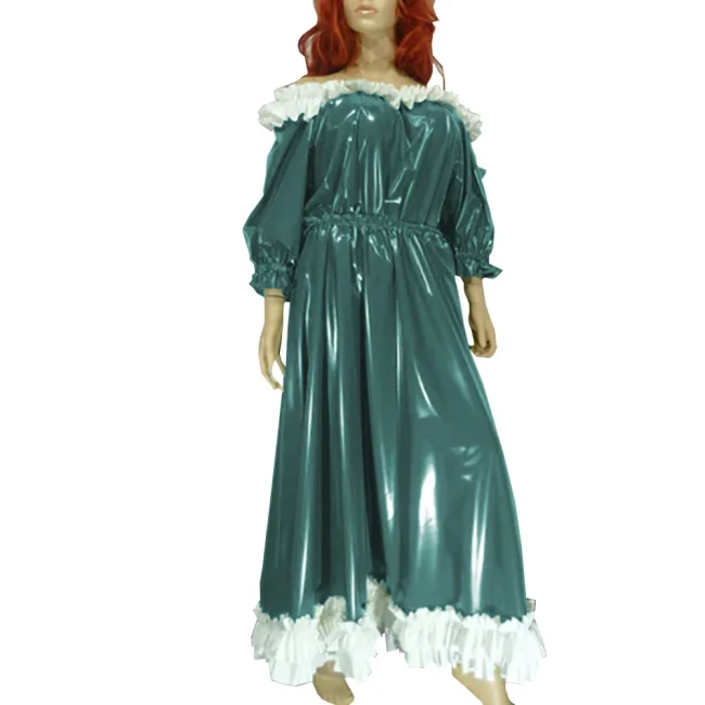 Women Slash Sweet Lolita Dress Uniform Faux Leather Puff Sleeve Lace Long Dress Exotic Ankle Length Dress Evening Party Wear