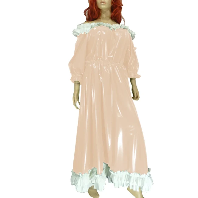 Women Slash Sweet Lolita Dress Uniform Faux Leather Puff Sleeve Lace Long Dress Exotic Ankle Length Dress Evening Party Wear