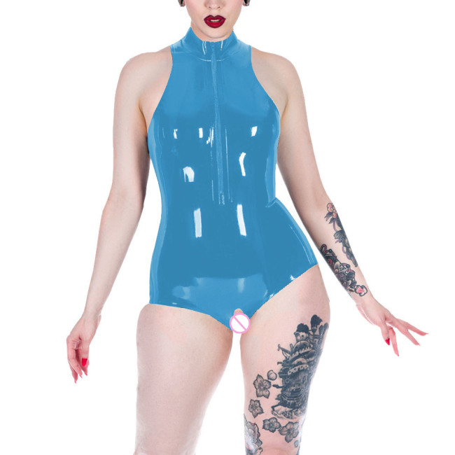 Glossy PVC Leather Bodysuits Mock Neck Sleeveless Zip Jumpsuits Women Exotic Open Crotch Sissy Jumpsuits Rave Nightclub Zentai