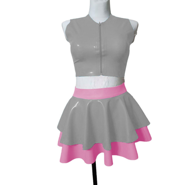 Female Summer Two-piece Sets Sleeveless Vest Zipper Top with Pleated Mini Skirts Sexy PVC Leather Clothing Party Stage Apparel