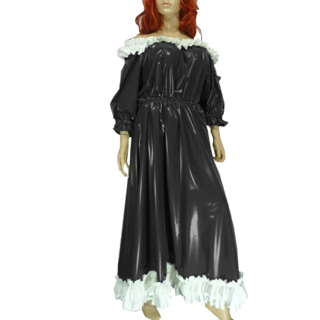 Women Slash Sweet Lolita Dress Uniform Faux Leather Puff Sleeve Lace Long Dress Exotic Ankle Length Dress Evening Party Wear