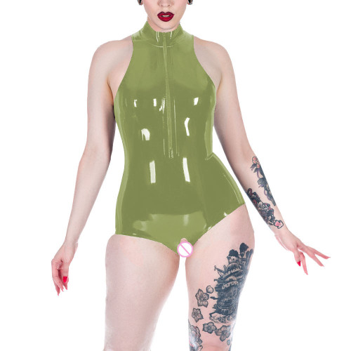 Glossy PVC Leather Bodysuits Mock Neck Sleeveless Zip Jumpsuits Women Exotic Open Crotch Sissy Jumpsuits Rave Nightclub Zentai