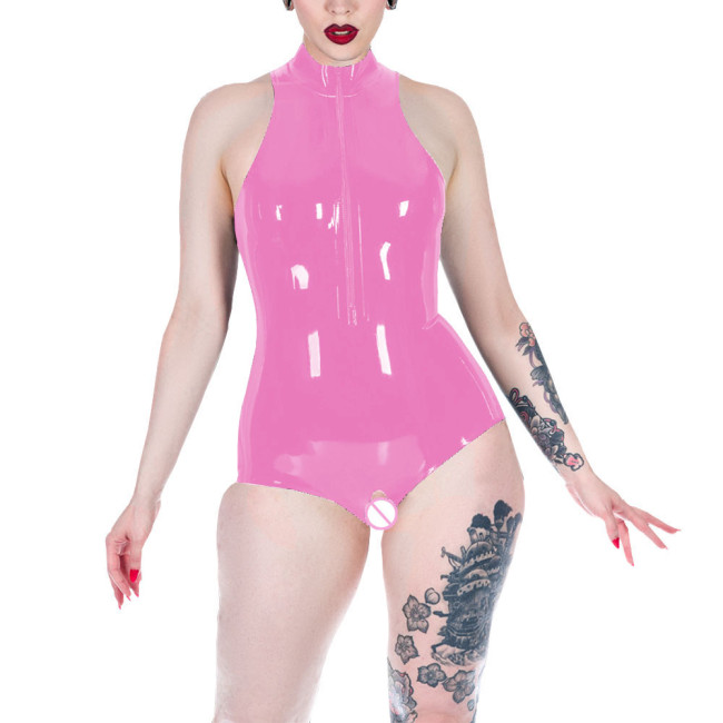 Glossy PVC Leather Bodysuits Mock Neck Sleeveless Zip Jumpsuits Women Exotic Open Crotch Sissy Jumpsuits Rave Nightclub Zentai