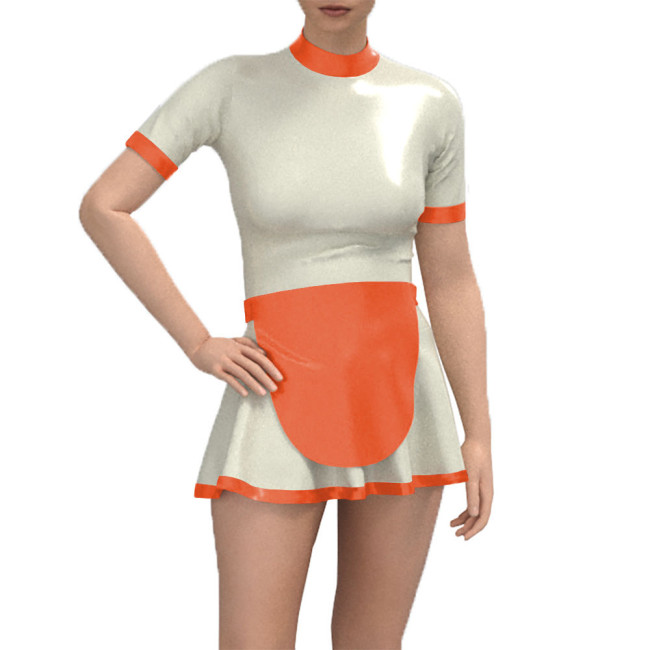 French Sweet Maid Cosplay Uniforms with Apron Wet Look PVC Leather Exotic Patchwork Maid Mini Dress Halloween Cosplay Costumes