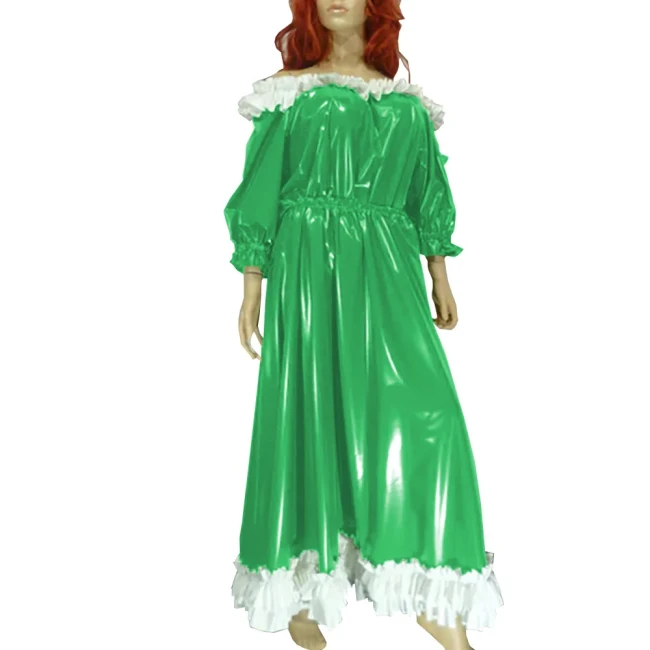 Women Slash Sweet Lolita Dress Uniform Faux Leather Puff Sleeve Lace Long Dress Exotic Ankle Length Dress Evening Party Wear